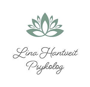 Logo med en grå blomst med teksten Lina Hantveit Psykolog under Hvit bakgrunn